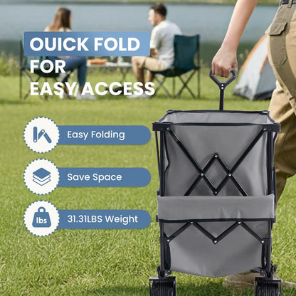 Folding Double-Decker Wagon, 320L Large Capacity 440 lbs Heavy-Duty Utility Cart with Brakes, All-Terrain Wheels & Flexible Handle, Compact Foldable Design for Camping & Grocery