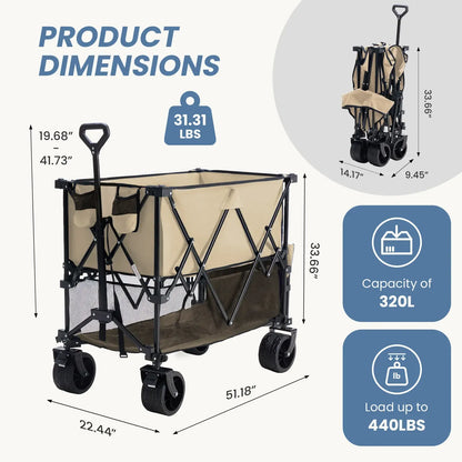 Folding Double-Decker Wagon, 320L Large Capacity 440 lbs Heavy-Duty Utility Cart with Brakes, All-Terrain Wheels & Flexible Handle, Compact Foldable Design for Camping & Grocery