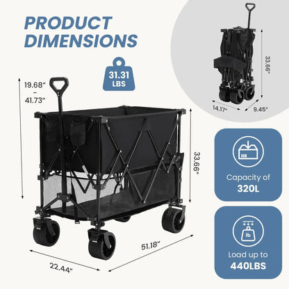Folding Double-Decker Wagon, 320L Large Capacity 440 lbs Heavy-Duty Utility Cart with Brakes, All-Terrain Wheels & Flexible Handle, Compact Foldable Design for Camping & Grocery